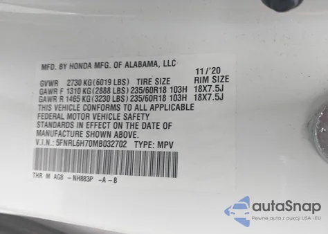 2021 Honda Odyssey Ex-L z USA, uszkodzony, nr VIN 5FNRL6H70MB032702